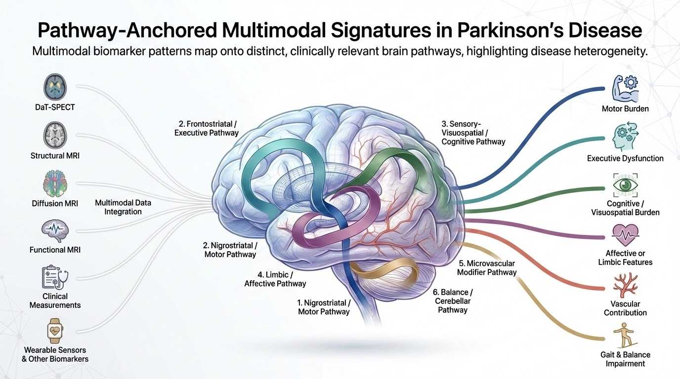 Pathway-Anchored Multimodal Signatures in Parkinson's Disease showing six neuroanatomical circuits
