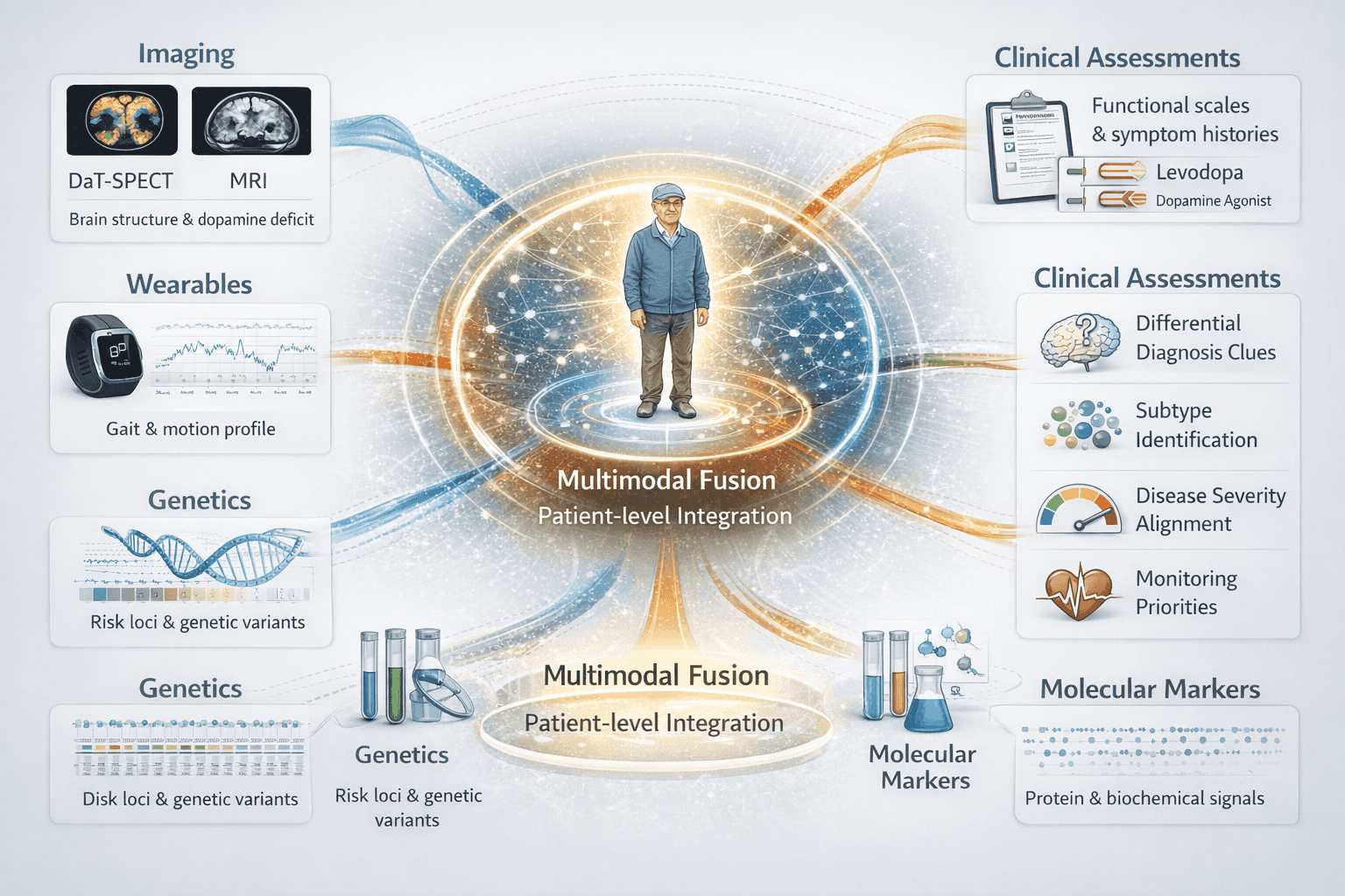 Patient-level multimodal fusion integrating imaging, wearables, genetics, and molecular markers