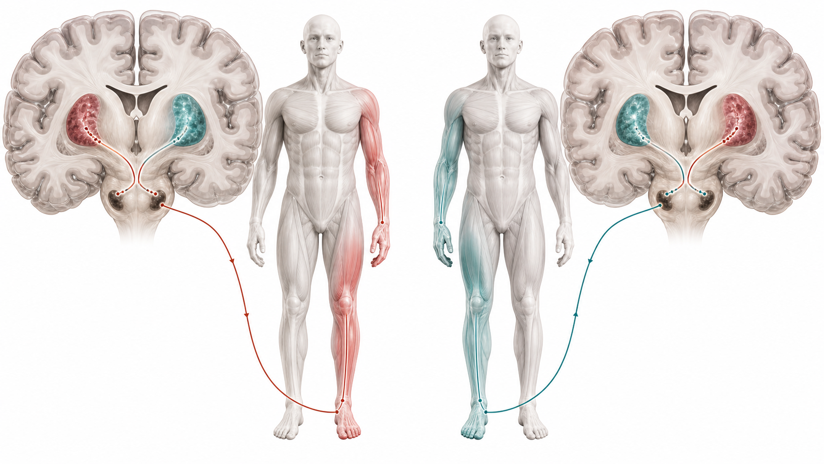 Conceptual paired coronal brains and human bodies showing two mirror configurations of contralateral dopaminergic and motor laterality