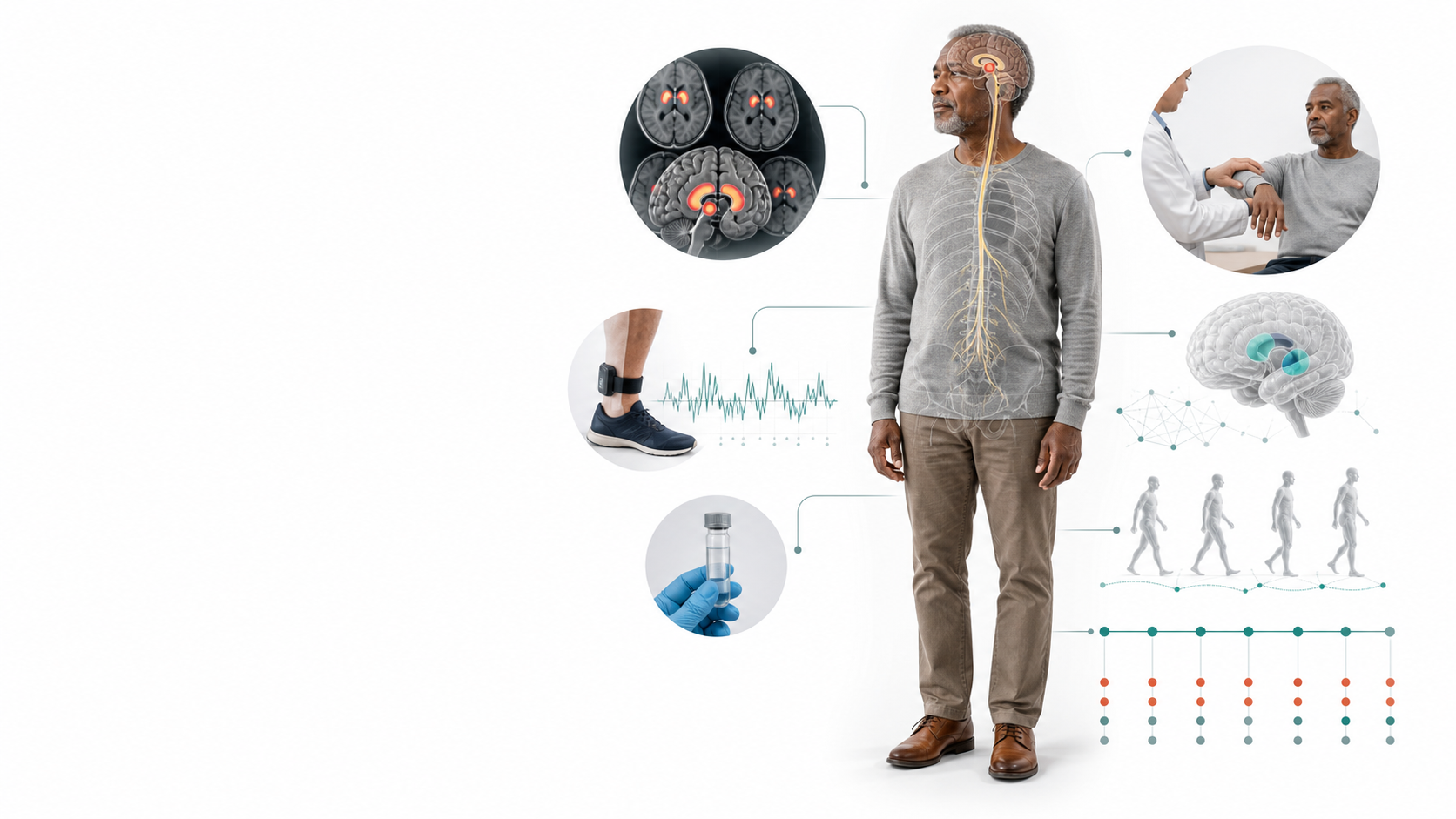 Conceptual adult participant surrounded by clinical examination, DaT-SPECT, wearable gait, biomarker, brain, and longitudinal evidence