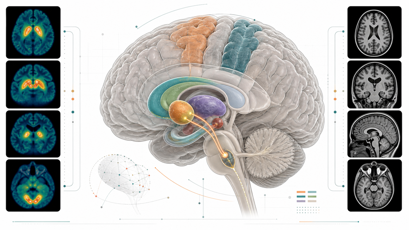 Generated brain-region and neuroimaging atlas with basal ganglia, subcortical regions, MRI, and DaTSCAN motifs.