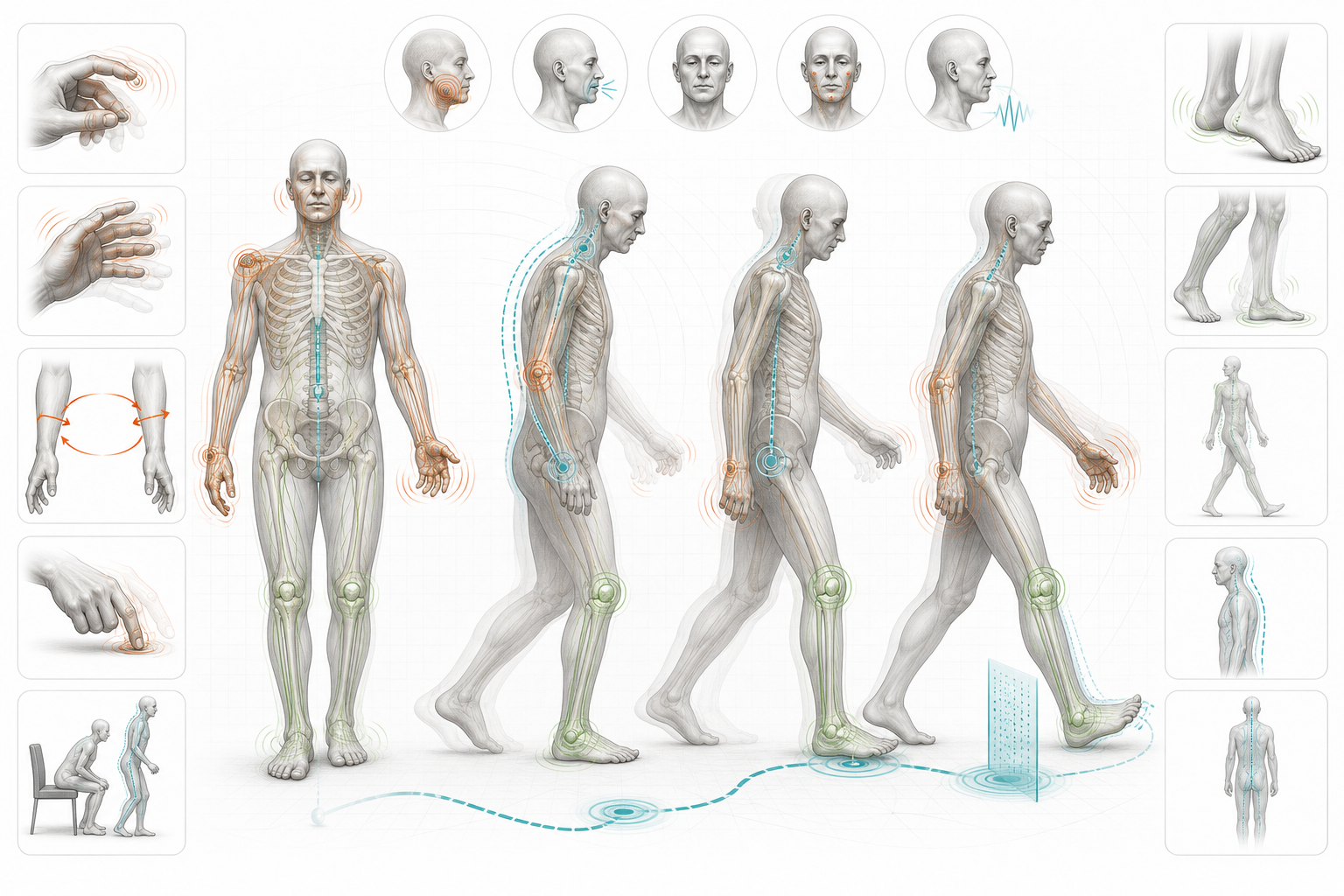 Generated full-body skeleton and motor examination atlas for Parkinson's disease motor domains.