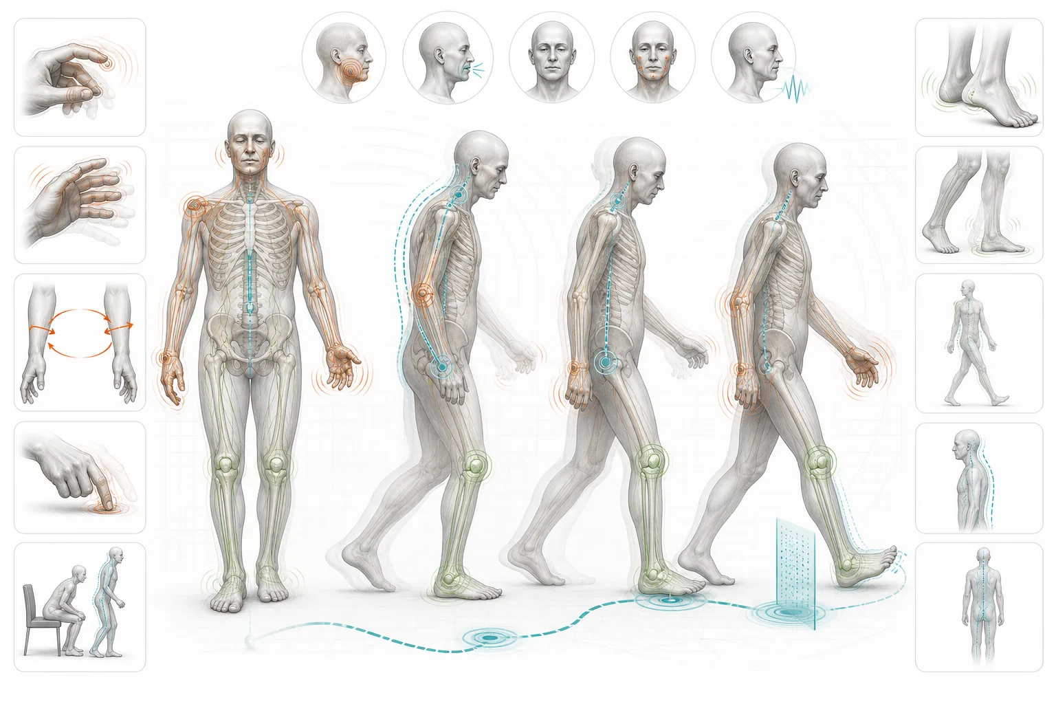 Generated full-body skeleton and motor examination atlas for Parkinson's disease motor domains.