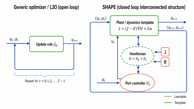 Open-loop learned optimizer versus SHAPE's closed-loop port-Hamiltonian interconnection