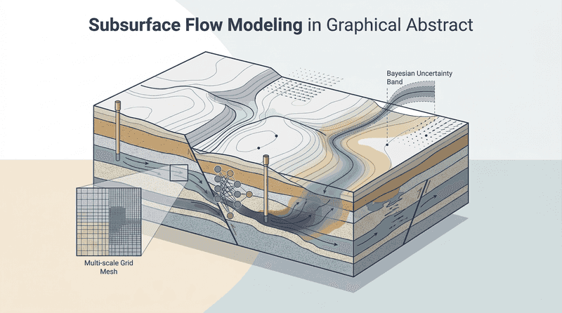 Subsurface flow modeling graphical abstract showing layered geology, wells, mesh resolution, and Bayesian uncertainty