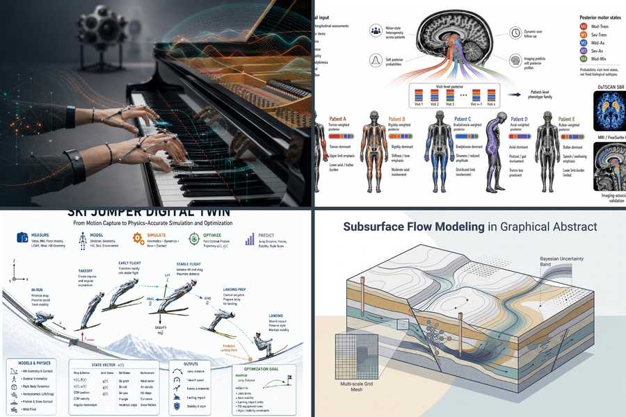 Figures from four CVC projects: the piano digital twin, Parkinson’s motor states, the ski jumper digital twin, and subsurface flow modeling