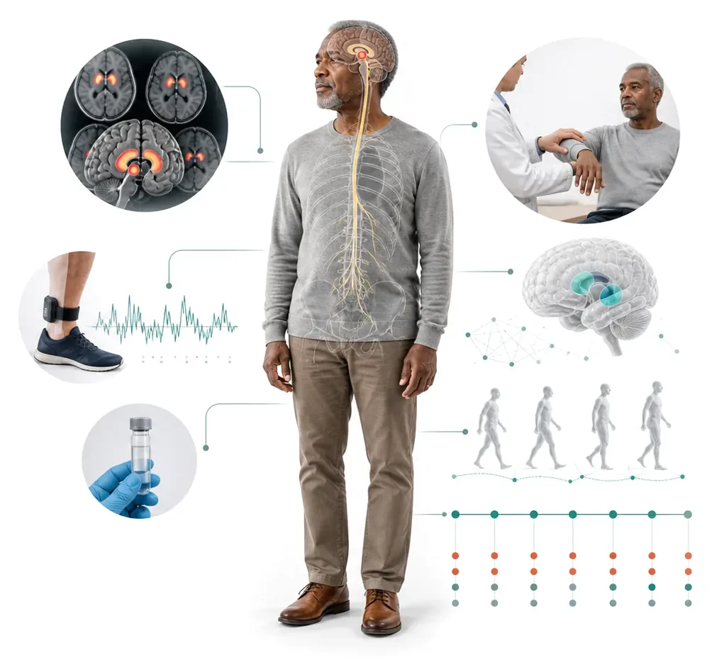 A patient surrounded by the evidence AI4PD combines: brain imaging, a clinic exam, a wearable ankle sensor trace, a biospecimen vial, a brain model, a walking sequence, and a timeline of visits