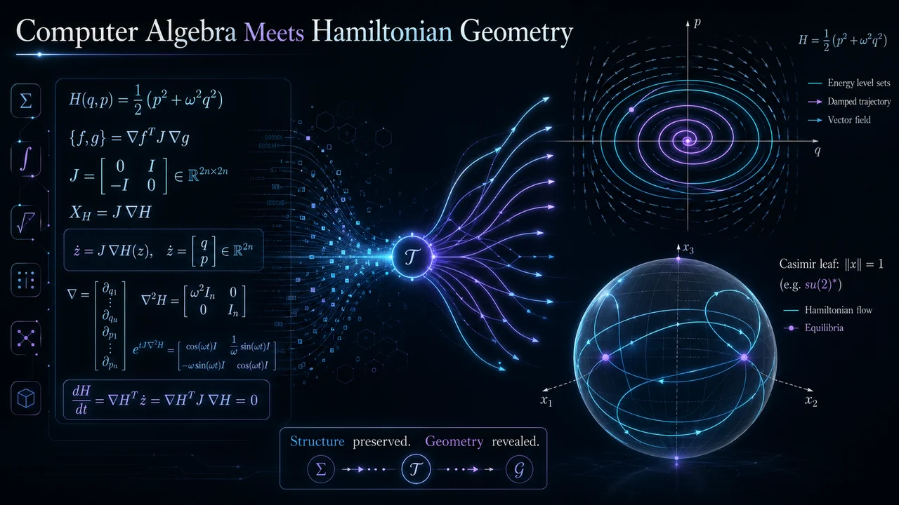 Computer Algebra Meets Hamiltonian Geometry visual summary with symbolic equations, phase portraits, and Casimir leaves