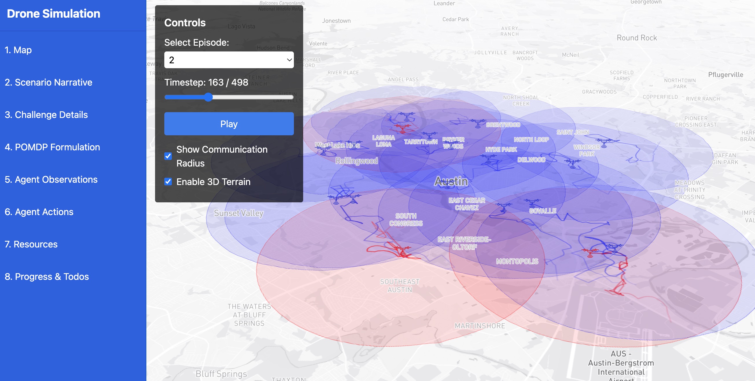 Austin-area scenario playback in DBG Gym showing platoon routes with blue and red trajectories and communication-radius overlays