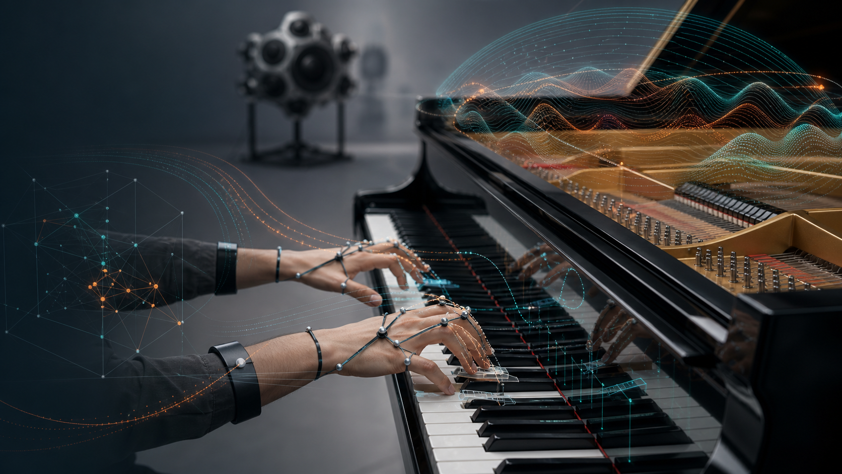 Pianist hands on a grand piano with motion trajectories, key mechanics, and acoustic visualization overlays