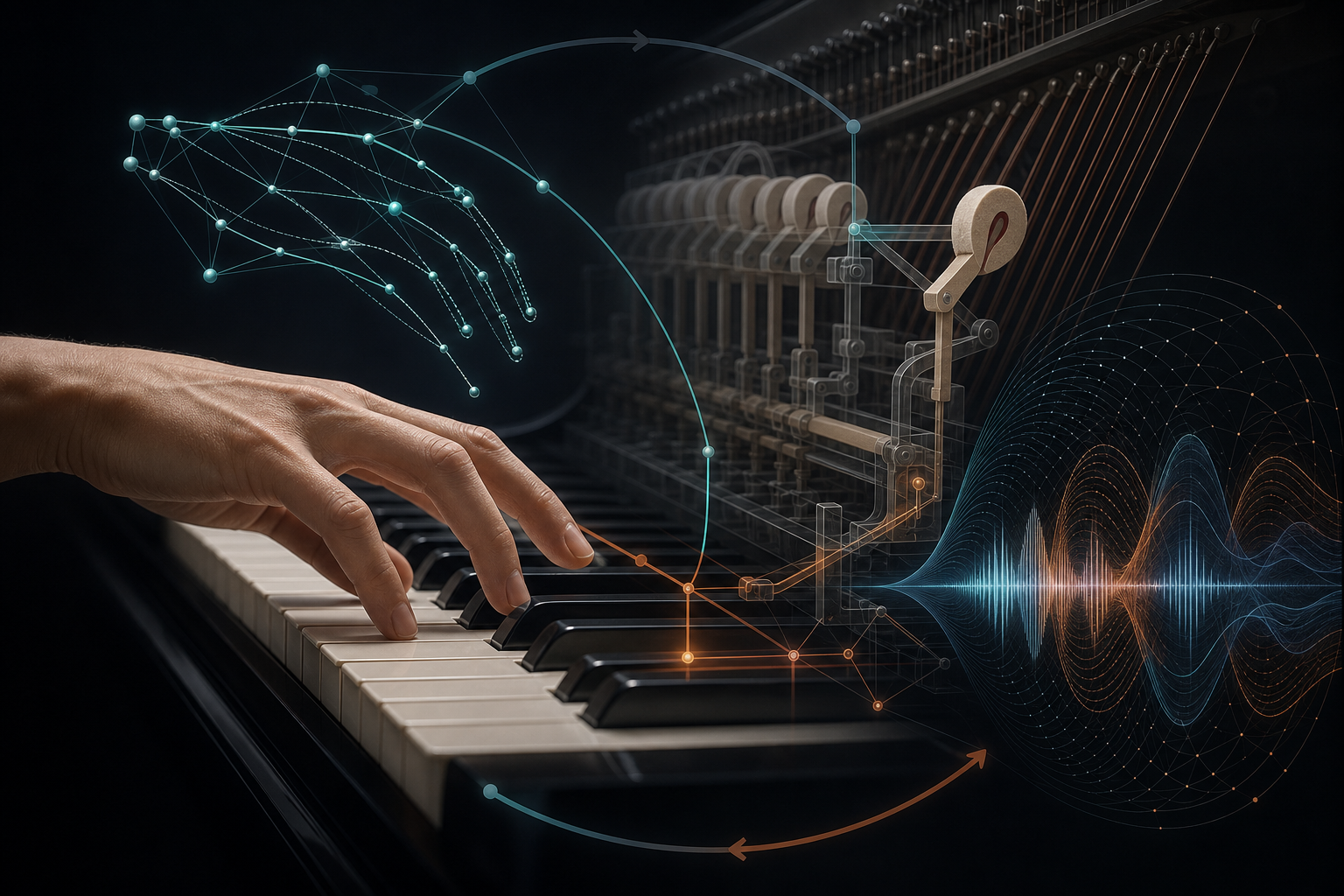 Piano key, hammer, string, hand, and acoustic waveform conceptual visualization