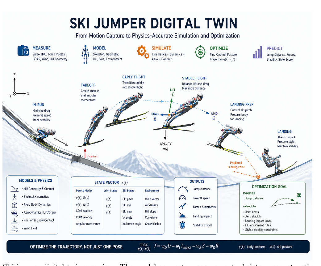 Ski jumper digital twin overview showing measurement, skeleton reconstruction, simulation, optimization, and prediction