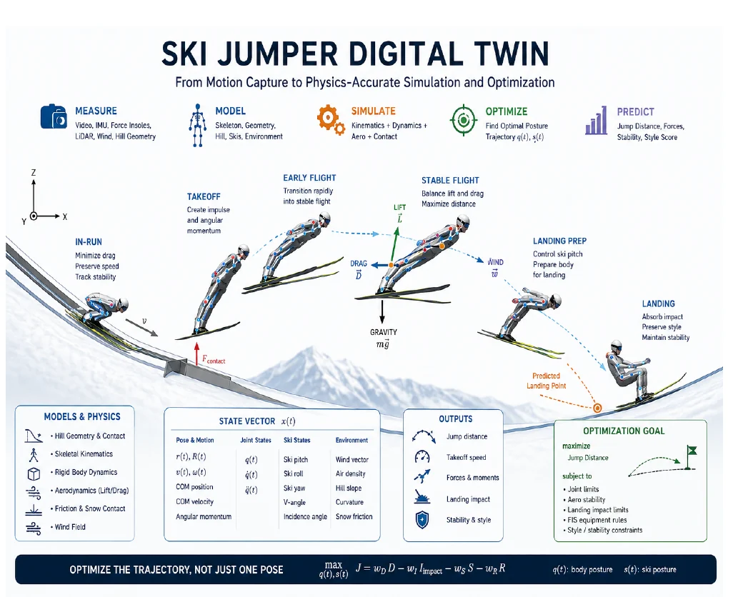 Ski jumper digital twin overview showing measurement, skeleton reconstruction, simulation, optimization, and prediction